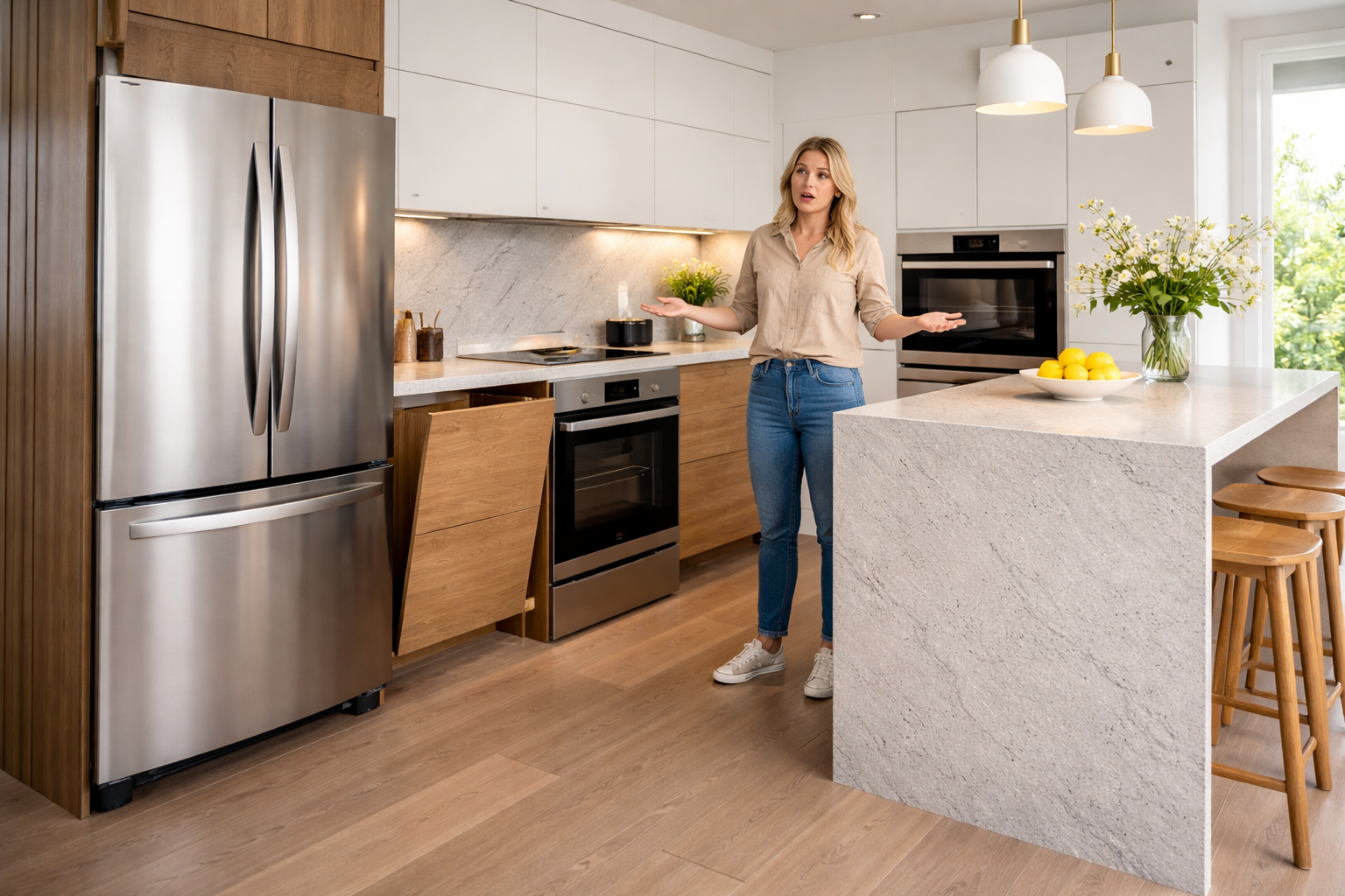 Confused homeowner standing in modern Scandinavian kitchen with poorly planned appliance layout, oven blocking cabinet door opening and fridge positioned too close to island.