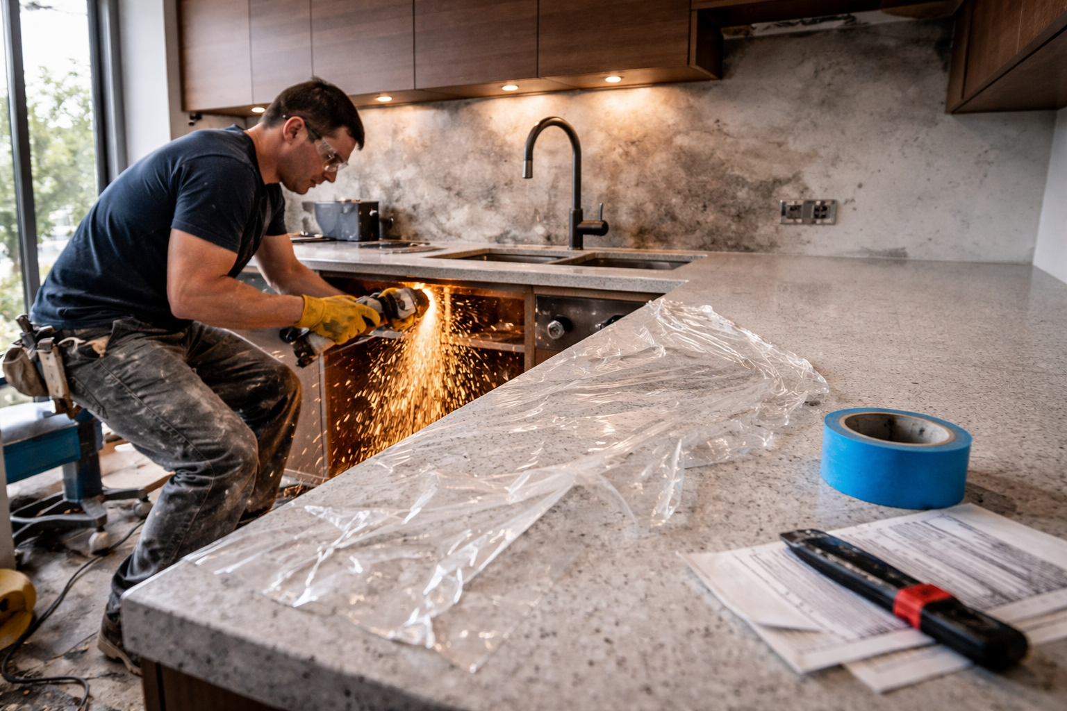 Tradesperson cutting pipes with power tool next to newly installed kitchen worktop, protective film torn and dust damaging modern kitchen surface during renovation.