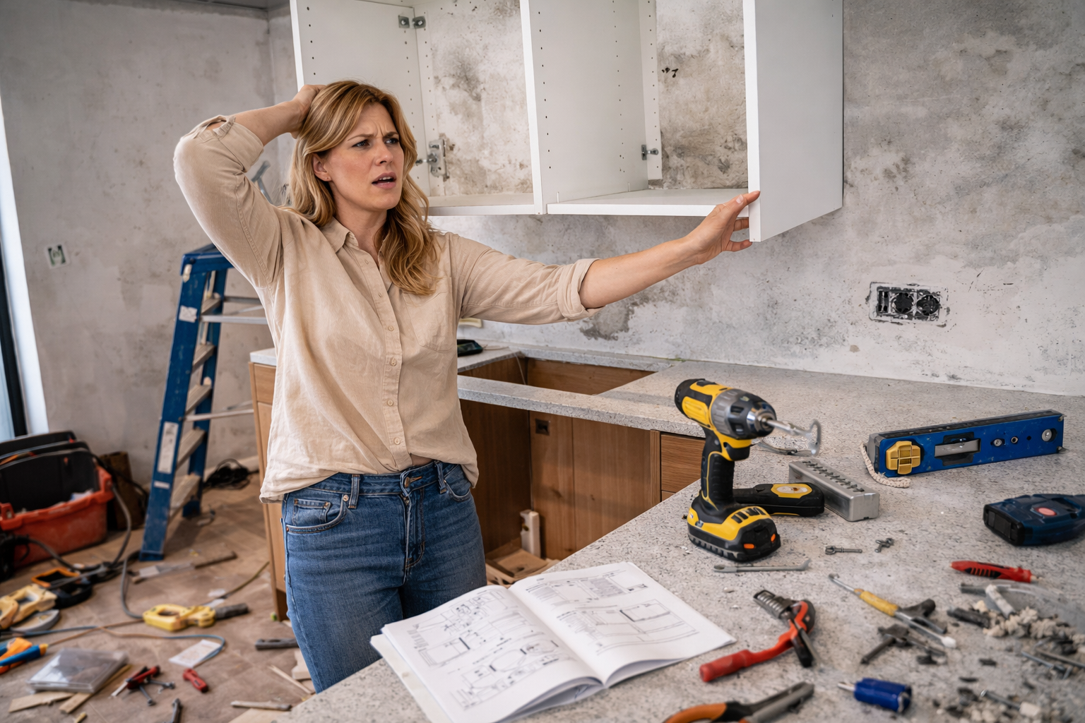 Stressed homeowner attempting DIY kitchen cabinet installation with crooked wall unit, scattered tools and instruction manual visible in unfinished kitchen renovation.