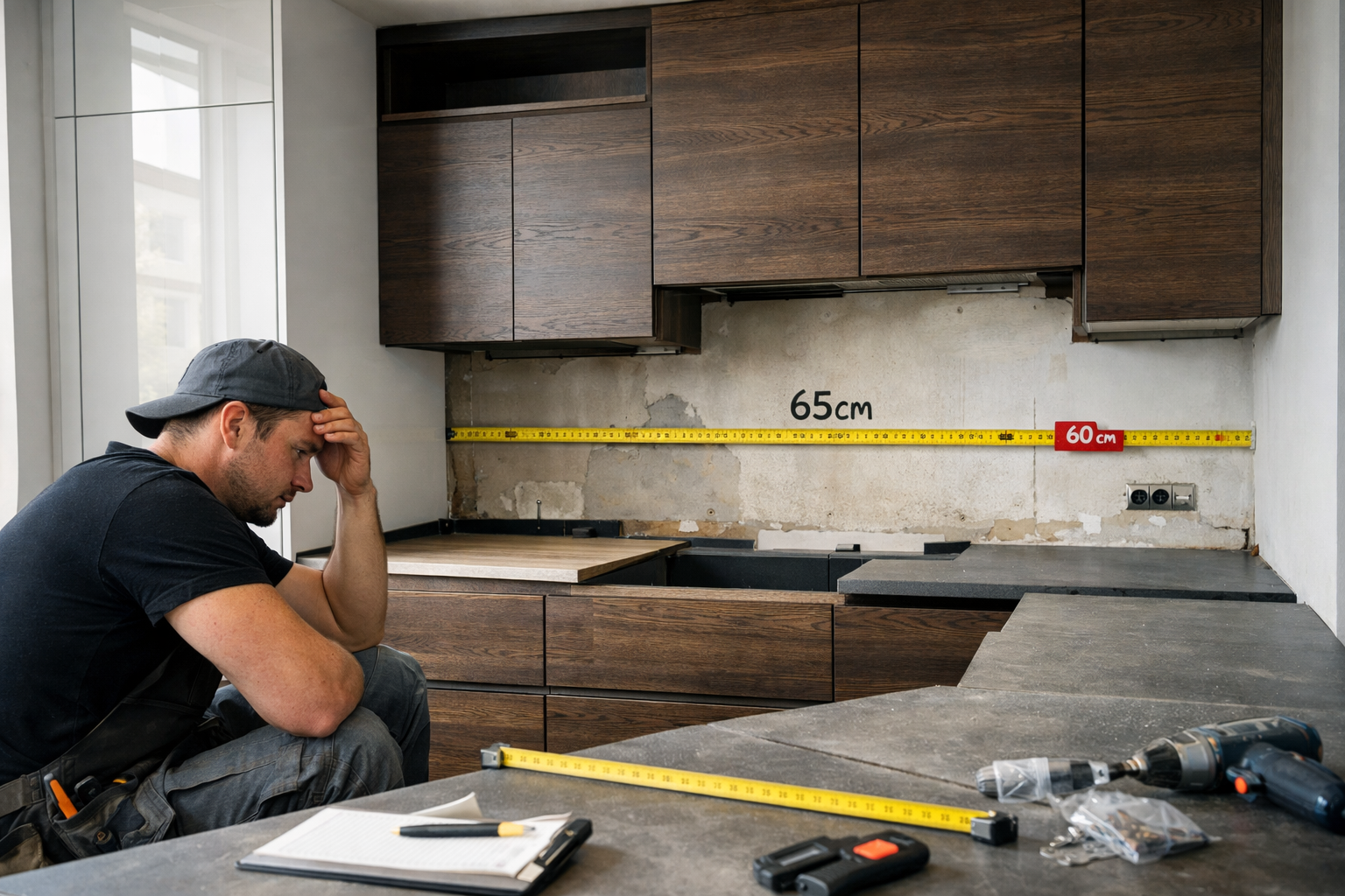 Frustrated kitchen fitter sitting in unfinished modern kitchen with dark wood cabinets, incorrect wall measurements marked on wall, tools and worktop pieces scattered during installation.