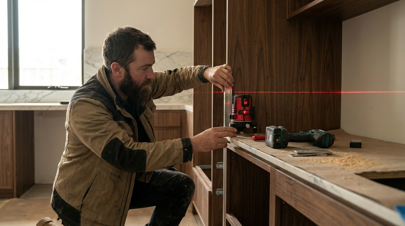 Craftsman fitting luxury kitchen cabinets using a laser level, focused on hands and tools for precise alignment.
