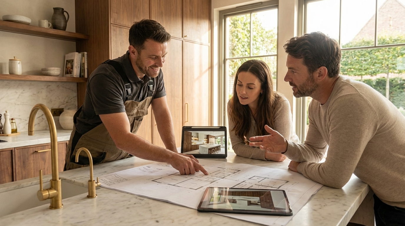 Kitchen installer discussing plans with clients at a modern table, with drawings and a tablet visible in a bright luxury home.