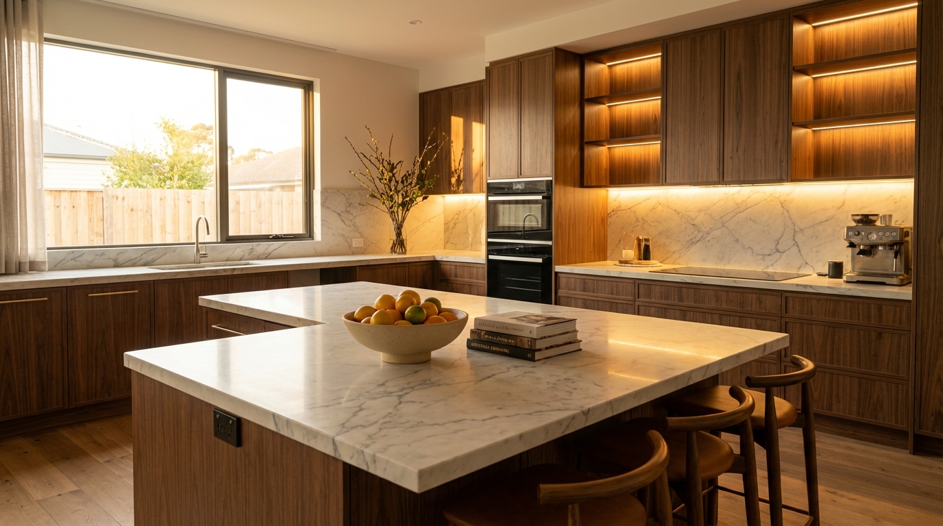 Finished luxury kitchen at sunset with warm ambient lighting, glowing marble surfaces and integrated modern appliances.