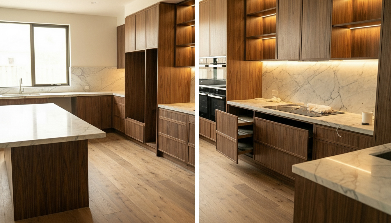 Side by side comparison of a perfectly installed luxury kitchen versus poorly aligned cabinets showing clear workmanship differences.