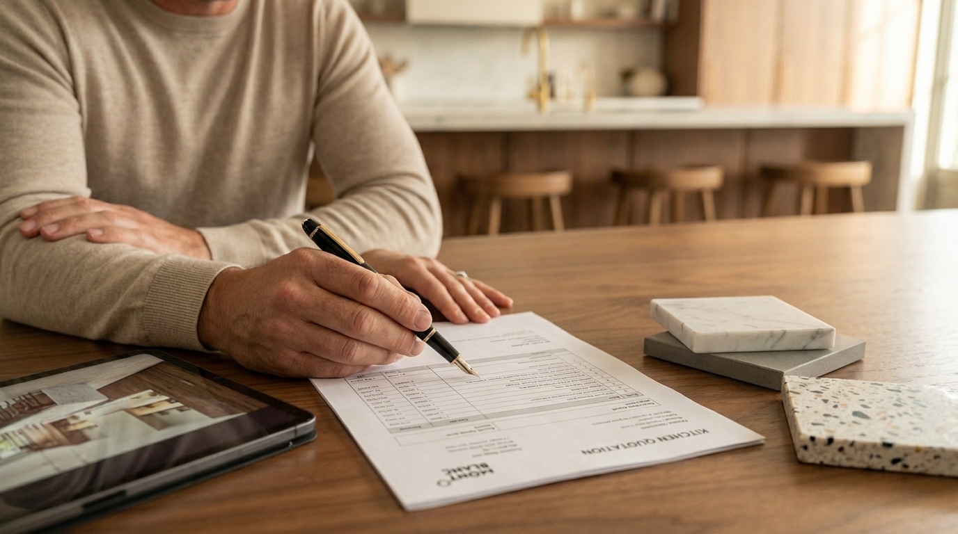 Close up of hands reviewing a detailed kitchen quotation beside a pen, tablet and premium worktop samples on a designer table.