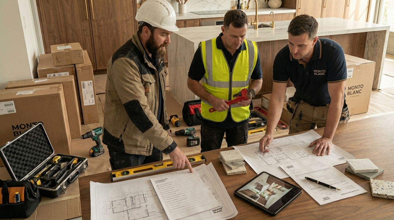 Installer, electrician and plumber reviewing kitchen plans together on site during a luxury home renovation.