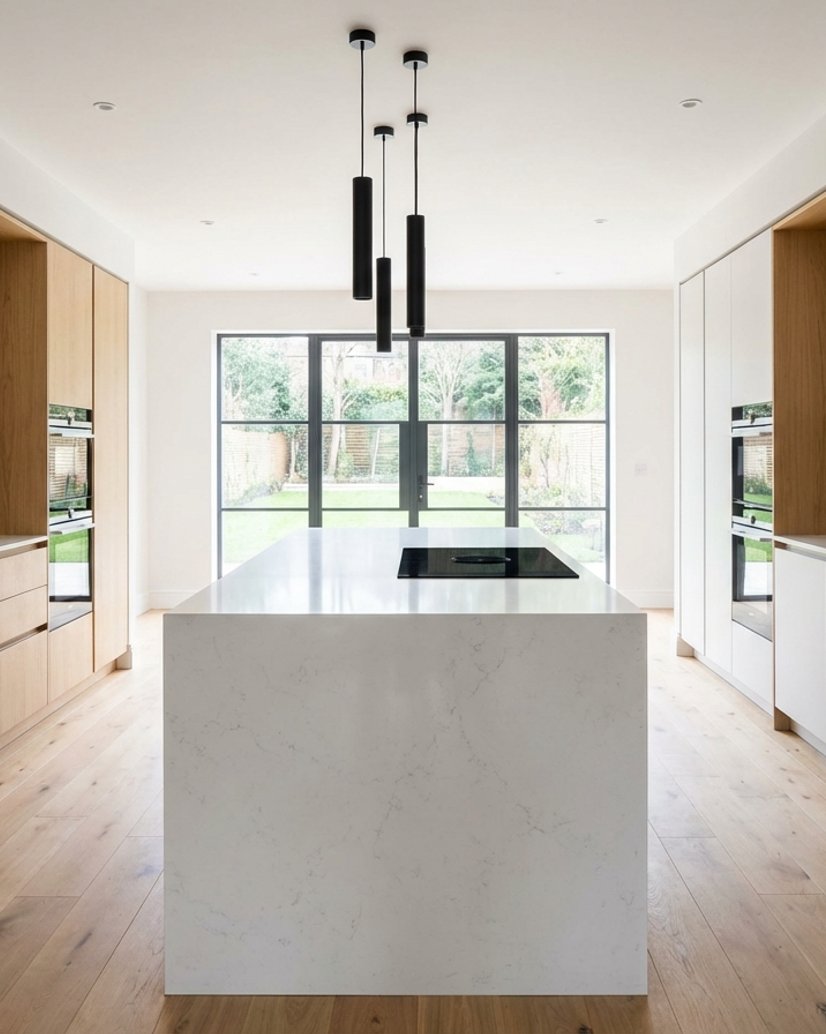 Bright contemporary kitchen with large island, light oak cabinetry and waterfall quartz worktop